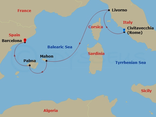 7 Night - Christmas Cruise : Florence, Mahon & Palma - Azamara Onward - Starting in Rome (Civitavecchia), Florence / Pisa (Livorno), Mahon, Menorca, Palma, Majorca, Barcelona itinerary map