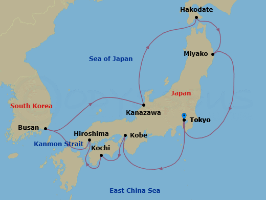 14 Night - Tokyo to Tokyo - Silver Moon - Starting in Tokyo, Kobe, Kochi, Hiroshima, Busan, Kanazawa, Hakodate (Hokkaido), Miyako, Iwate, Tokyo itinerary map