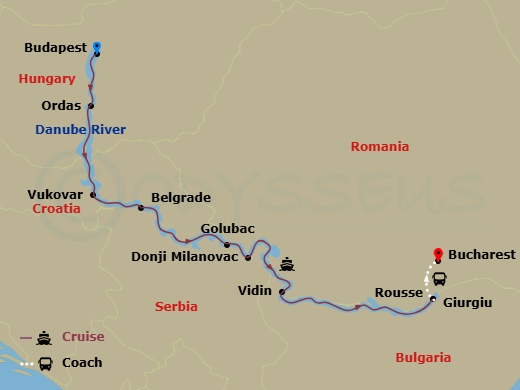 8 Night - Enchantment of Eastern Europe - Emerald Star - Starting in Budapest, Ordas, Vukovar, Belgrade, Golubac / Donji Milanovac, Vidin, Rousse, Giurgiu / Bucharest, Bucharest itinerary map