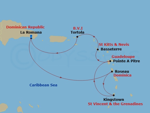 7 Night - Western Caribbean from Casa De Campo / La Romana - Costa Pacifica - Starting in La Romana, Dominica (Roseau), Kingstown, Saint Vincent, Pointe-a-Pitre, Basseterre, Tortola (Road Harbour), La Romana itinerary map