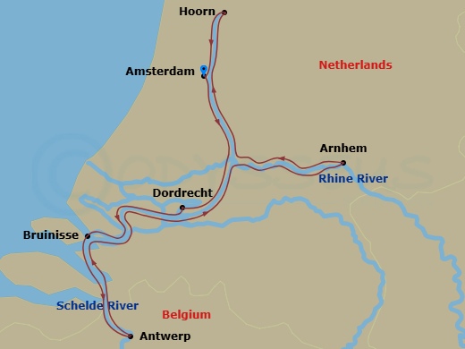 7 Night - Windmills, Tulips and Belgian Delights - Scenic Pearl - Starting in Amsterdam, Dordrecht, Bruinisse, Antwerp, Arnhem, Hoorn, Amsterdam itinerary map