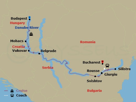 8 Night - Eastern Europe & Balkans Unveiled - Scenic Jade - Starting in Budapest, Mohacs, Vukovar, Belgrade, Cruising Day, Svishtov / Rousse, Silistra, Giurgiu / Bucharest, Bucharest itinerary map