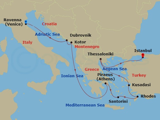 10 Night - Greek Isles & Italy - Norwegian Viva - Starting in Venice (Ravenna), Italy, Dubrovnik, Croatia, Kotor, Montenegro, Piraeus / Athens, Greece, Santorini Island, Greece, Rhodes, Greece, Kusadasi, Turkey, Thessaloniki, Greece, Istanbul, Turkey itinerary map