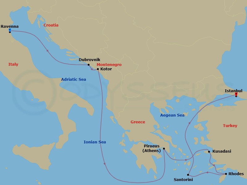 10 Night - Greek Isles & Italy - Norwegian Viva - Starting in Venice (Ravenna), Italy, Dubrovnik, Croatia, Kotor, Montenegro, Piraeus / Athens, Greece, Kusadasi, Turkey, Rhodes, Greece, Santorini Island, Greece, Istanbul, Turkey itinerary map
