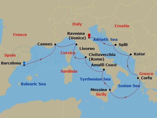 12 Night - Explore Barcelona Pre Cruisetour - Norwegian Viva Tours - Starting in At Hotel, Barcelona, Spain, Cannes, France, Livorno / Florence / Pisa, Italy, Civitavecchia Rome, Italy, Amalfi Coast (Salerno), Italy, Messina, Italy, Corfu, Greece, Kotor, Montenegro, Split, Croatia, Venice (Ravenna), Italy itinerary map