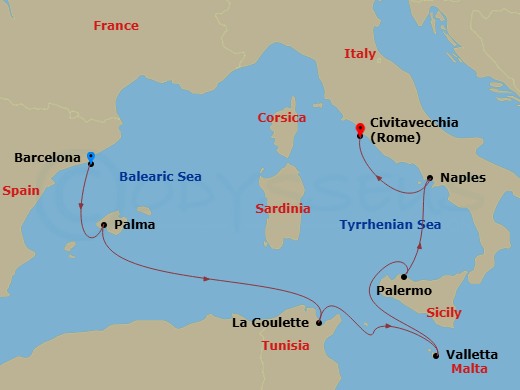 10 Night - Explore Barcelona Pre Cruisetour - Norwegian Epic Tours - Starting in At Hotel, Barcelona, Spain, Palma Majorca, Spain, La Goulette, Tunisia, Valletta, Malta, Palermo, Sicily, Italy, Naples / Pompeii, Italy, Civitavecchia Rome, Italy itinerary map
