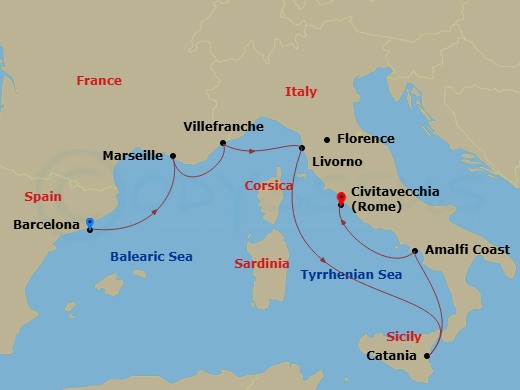 10 Night - Explore Barcelona Pre Cruisetour - Norwegian Epic Tours - Starting in At Hotel, Barcelona, Spain, Provence, Marseille, France, Nice / Monaco (Villefranche), France, Livorno / Florence / Pisa, Italy, Catania, Italy, Amalfi Coast (Salerno), Italy, Civitavecchia Rome, Italy itinerary map