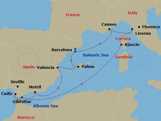13 Night - Explore Barcelona Pre Cruisetour - Norwegian Dawn Tours - Starting in At Hotel, Barcelona, Spain, Palma Majorca, Spain, Valencia, Spain, Motril, Spain, Cadiz / Seville, Spain, Gibraltar, Ajaccio, France, Livorno / Florence / Pisa, Italy, Cannes, France, Barcelona, Spain itinerary map