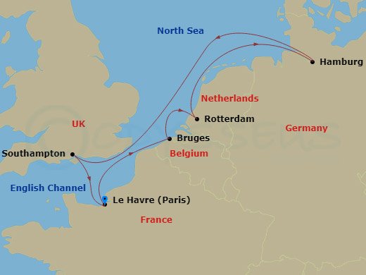 7 Night - Northern Europe - MSC Preziosa - Starting in Le Havre (Paris), France, Zeebrugge (Bruges), Belgium, Rotterdam (Amsterdam), Netherlands, Hamburg, Germany, Southampton (London), United Kingdom, Le Havre (Paris), France itinerary map