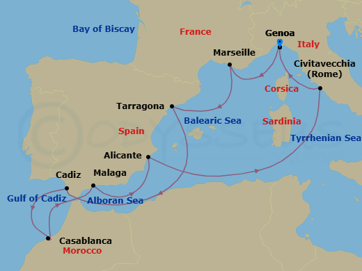 10 Night - Mediterranean - MSC Magnifica - Starting in Genoa (Portofino), Italy, Marseille (Provence), France, Tarragona, Spain, Cadiz (Seville), Spain, Casablanca (Marrakesh), Morocco, Malaga (Granada), Spain, Alicante, Spain, Civitavecchia (Rome), Italy, Genoa (Portofino), Italy itinerary map