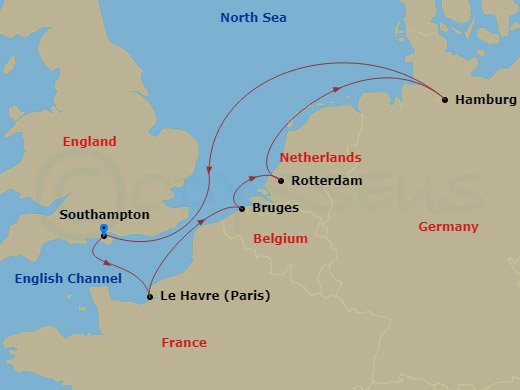 7 Night - Northern Europe - MSC Preziosa - Starting in Southampton (London), United Kingdom, Le Havre (Paris), France, Zeebrugge (Bruges), Belgium, Rotterdam (Amsterdam), Netherlands, Hamburg, Germany, Southampton (London), United Kingdom itinerary map