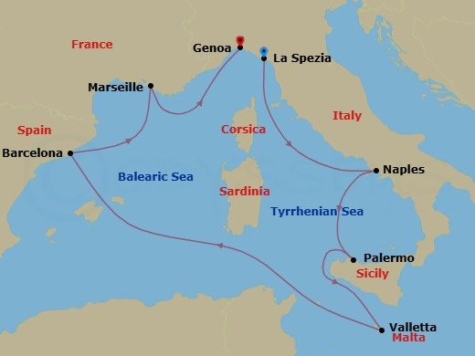 7 Night - Mediterranean - MSC Seaview - Starting in La Spezia (Cinque Terre), Italy, Naples (Pompeii), Italy, Palermo (Monreale), Italy, La Valletta, Malta, Barcelona, Spain, Marseille (Provence), France, Genoa (Portofino), Italy itinerary map
