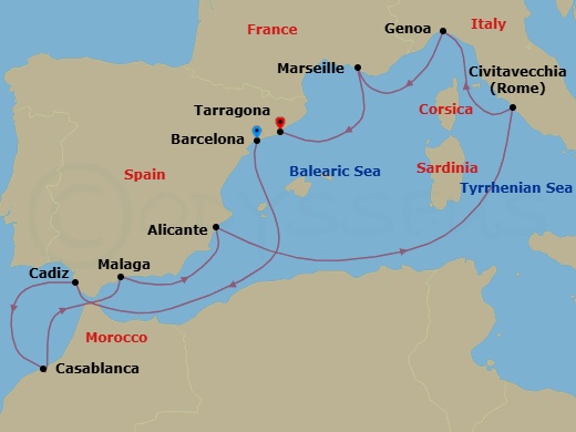 10 Night - Mediterranean - MSC Magnifica - Starting in Tarragona, Spain, Cadiz (Seville), Spain, Casablanca (Marrakesh), Morocco, Malaga (Granada), Spain, Alicante, Spain, Civitavecchia (Rome), Italy, Genoa (Portofino), Italy, Marseille (Provence), France, Barcelona, Spain itinerary map