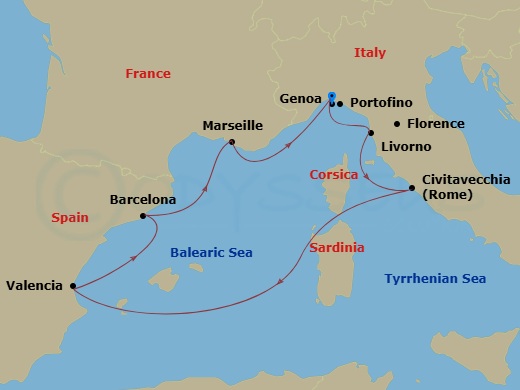 7 Night - Mediterranean - MSC Lirica - Starting in Genoa (Portofino), Italy, Livorno (Florence), Italy, Civitavecchia (Rome), Italy, Valencia, Spain, Barcelona, Spain, Marseille (Provence), France, Genoa (Portofino), Italy itinerary map