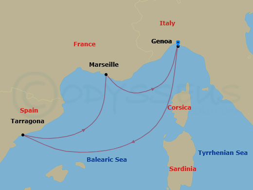 4 Night - Mediterranean - MSC Euribia - Starting in Genoa (Portofino), Italy, Tarragona, Spain, Marseille (Provence), France, Genoa (Portofino), Italy itinerary map