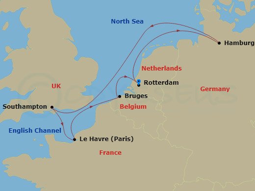 7 Night - Northern Europe - MSC Preziosa - Starting in Rotterdam (Amsterdam), Netherlands, Hamburg, Germany, Southampton (London), United Kingdom, Le Havre (Paris), France, Zeebrugge (Bruges), Belgium, Rotterdam (Amsterdam), Netherlands itinerary map