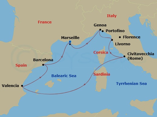 7 Night - Mediterranean - MSC Lirica - Starting in Marseille (Provence), France, Genoa (Portofino), Italy, Livorno (Florence), Italy, Civitavecchia (Rome), Italy, Valencia, Spain, Barcelona, Spain, Marseille (Provence), France itinerary map