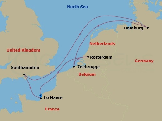 7 Night - Northern Europe - MSC Preziosa - Starting in Le Havre (Paris), France, Rotterdam (Amsterdam), Netherlands, Zeebrugge (Bruges), Belgium, Hamburg, Germany, Southampton (London), United Kingdom, Le Havre (Paris), France itinerary map