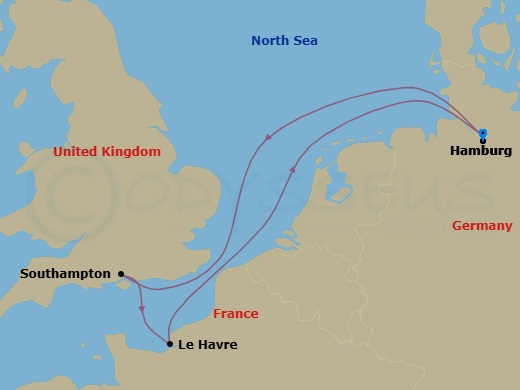 5 Night - Northern Europe - MSC Preziosa - Starting in Hamburg, Germany, Southampton (London), United Kingdom, Le Havre (Paris), France, Hamburg, Germany itinerary map