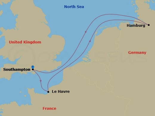5 Night - Northern Europe - MSC Preziosa - Starting in Southampton (London), United Kingdom, Le Havre (Paris), France, Hamburg, Germany, Southampton (London), United Kingdom itinerary map