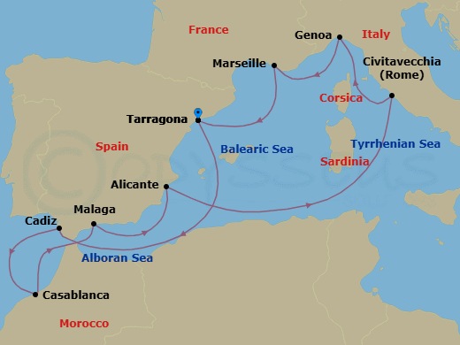 10 Night - Mediterranean - MSC Magnifica - Starting in Tarragona, Spain, Cadiz (Seville), Spain, Casablanca (Marrakesh), Morocco, Malaga (Granada), Spain, Alicante, Spain, Civitavecchia (Rome), Italy, Genoa (Portofino), Italy, Marseille (Provence), France, Tarragona, Spain itinerary map
