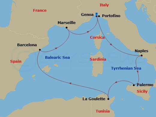 7 Night - Mediterranean - MSC Euribia - Starting in Genoa (Portofino), Italy, Naples (Pompeii), Italy, Palermo (Monreale), Italy, La Goulette, Tunisia, Barcelona, Spain, Marseille (Provence), France, Genoa (Portofino), Italy itinerary map