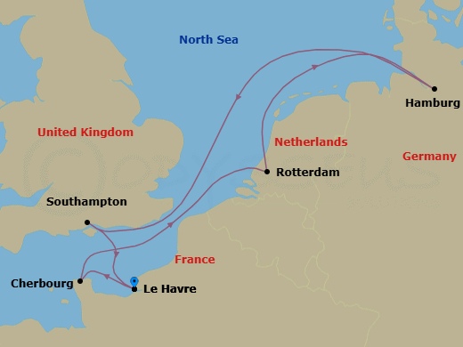7 Night - Northern Europe - MSC Preziosa - Starting in Le Havre (Paris), France, Cherbourg (Mont Saint-Michel), France, Rotterdam (Amsterdam), Netherlands, Hamburg, Germany, Southampton (London), United Kingdom, Le Havre (Paris), France itinerary map