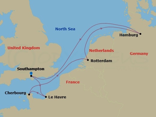 7 Night - Northern Europe - MSC Preziosa - Starting in Southampton (London), United Kingdom, Le Havre (Paris), France, Cherbourg (Mont Saint-Michel), France, Rotterdam (Amsterdam), Netherlands, Hamburg, Germany, Southampton (London), United Kingdom itinerary map