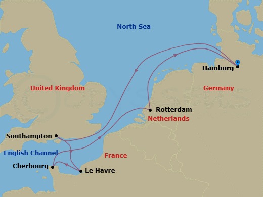 7 Night - Northern Europe - MSC Preziosa - Starting in Hamburg, Germany, Southampton (London), United Kingdom, Le Havre (Paris), France, Cherbourg (Mont Saint-Michel), France, Rotterdam (Amsterdam), Netherlands, Hamburg, Germany itinerary map