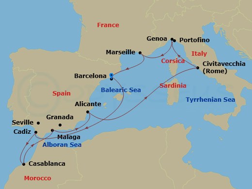 10 Night - Mediterranean - MSC Magnifica - Starting in Barcelona, Spain, Cadiz (Seville), Spain, Casablanca (Marrakesh), Morocco, Malaga (Granada), Spain, Alicante, Spain, Civitavecchia (Rome), Italy, Genoa (Portofino), Italy, Marseille (Provence), France, Barcelona, Spain itinerary map