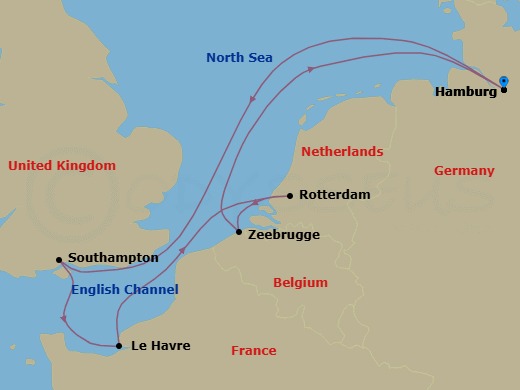 7 Night - Northern Europe - MSC Preziosa - Starting in Hamburg, Germany, Southampton (London), United Kingdom, Le Havre (Paris), France, Rotterdam (Amsterdam), Netherlands, Zeebrugge (Bruges), Belgium, Hamburg, Germany itinerary map