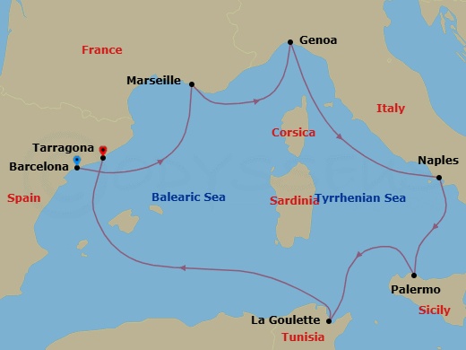 7 Night - Mediterranean - MSC Euribia - Starting in Tarragona, Spain, Marseille (Provence), France, Genoa (Portofino), Italy, Naples (Pompeii), Italy, Palermo (Monreale), Italy, La Goulette, Tunisia, Barcelona, Spain itinerary map