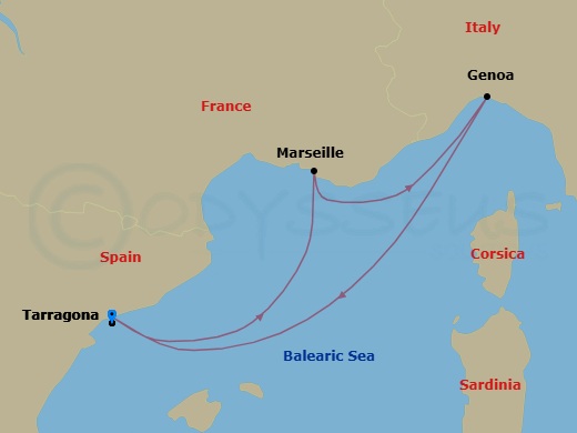 4 Night - Mediterranean - MSC Euribia - Starting in Tarragona, Spain, Marseille (Provence), France, Genoa (Portofino), Italy, Tarragona, Spain itinerary map