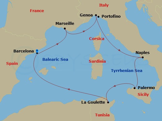 7 Night - Mediterranean - MSC Euribia - Starting in Barcelona, Spain, Marseille (Provence), France, Genoa (Portofino), Italy, Naples (Pompeii), Italy, Palermo (Monreale), Italy, La Goulette, Tunisia, Barcelona, Spain itinerary map