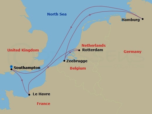 7 Night - Northern Europe - MSC Preziosa - Starting in Southampton (London), United Kingdom, Le Havre (Paris), France, Rotterdam (Amsterdam), Netherlands, Zeebrugge (Bruges), Belgium, Hamburg, Germany, Southampton (London), United Kingdom itinerary map