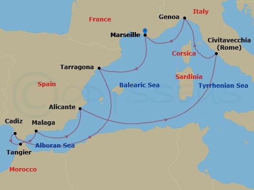 10 Night - Mediterranean - MSC Magnifica - Starting in Marseille (Provence), France, Tarragona, Spain, Cadiz (Seville), Spain, Tangier (Tetouan), Morocco, Malaga (Granada), Spain, Alicante, Spain, Civitavecchia (Rome), Italy, Genoa (Portofino), Italy, Marseille (Provence), France itinerary map