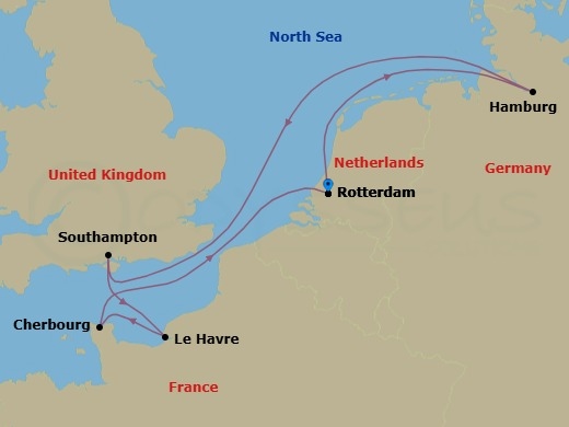 7 Night - Northern Europe - MSC Preziosa - Starting in Rotterdam (Amsterdam), Netherlands, Hamburg, Germany, Southampton (London), United Kingdom, Le Havre (Paris), France, Cherbourg (Mont Saint-Michel), France, Rotterdam (Amsterdam), Netherlands itinerary map