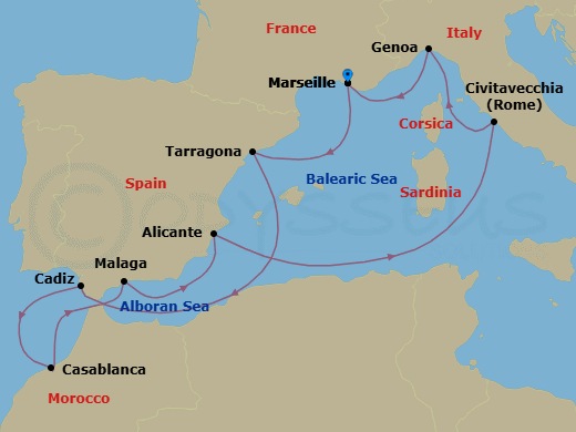 10 Night - Mediterranean - MSC Magnifica - Starting in Marseille (Provence), France, Tarragona, Spain, Cadiz (Seville), Spain, Casablanca (Marrakesh), Morocco, Malaga (Granada), Spain, Alicante, Spain, Civitavecchia (Rome), Italy, Genoa (Portofino), Italy, Marseille (Provence), France itinerary map