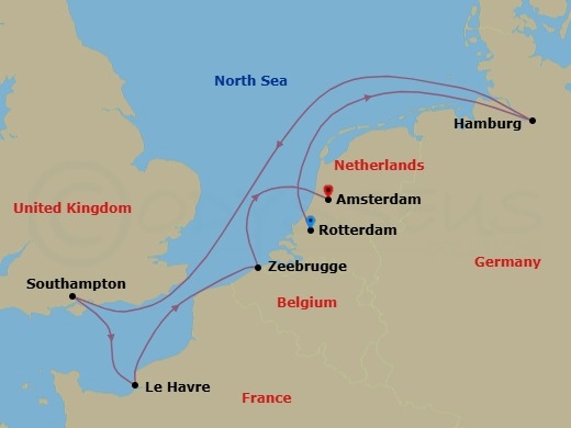 7 Night - Northern Europe - MSC Preziosa - Starting in Rotterdam (Amsterdam), Netherlands, Hamburg, Germany, Southampton (London), United Kingdom, Le Havre (Paris), France, Zeebrugge (Bruges), Belgium, Amsterdam, Netherlands itinerary map