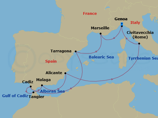 10 Night - Mediterranean - MSC Magnifica - Starting in Genoa (Portofino), Italy, Marseille (Provence), France, Tarragona, Spain, Cadiz (Seville), Spain, Tangier (Tetouan), Morocco, Malaga (Granada), Spain, Alicante, Spain, Civitavecchia (Rome), Italy, Genoa (Portofino), Italy itinerary map