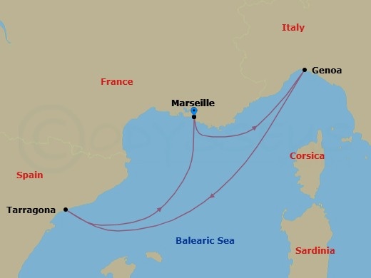 4 Night - Mediterranean - MSC Euribia - Starting in Marseille (Provence), France, Genoa (Portofino), Italy, Tarragona, Spain, Marseille (Provence), France itinerary map