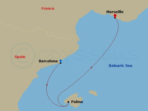 2 Night - Mediterranean - MSC Splendida - Starting in Barcelona, Spain, Palma De Mallorca (Balearic Islands), Spain, Marseille (Provence), France itinerary map