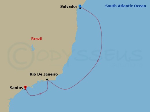 4 Night - Msc Grand Voyages - MSC Divina - Starting in Salvador, Brazil, Rio De Janeiro, Brazil, Santos (Sao Paulo), Brazil itinerary map
