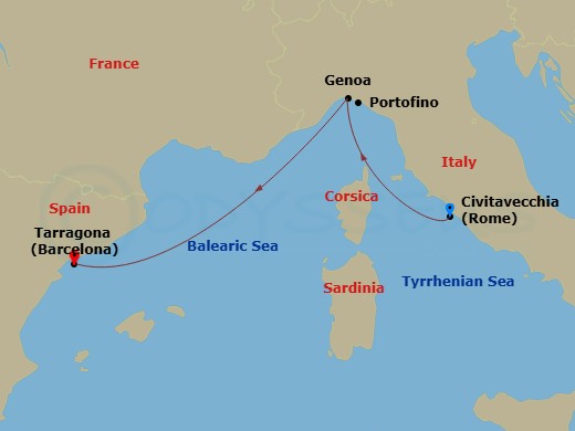 3 Night - Msc Grand Voyages - MSC Divina - Starting in Civitavecchia (Rome), Italy, Genoa (Portofino), Italy, Tarragona, Spain itinerary map
