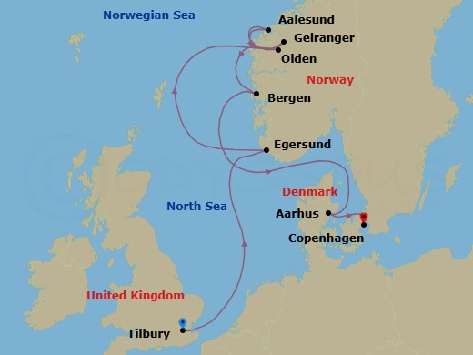 9 Night - London (Tilbury) / Copenhagen - Evrima - Starting in London (Tilbury), Egersund, Olden, Alesund, Geiranger, Norway, Bergen, Aarhus, Copenhagen itinerary map