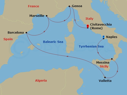 7 Night - Mediterranean - MSC World Asia - Starting in Naples (Pompeii), Italy, Messina (Taormina), Italy, La Valletta, Malta, Barcelona, Spain, Marseille (Provence), France, Genoa (Portofino), Italy, Civitavecchia (Rome), Italy itinerary map