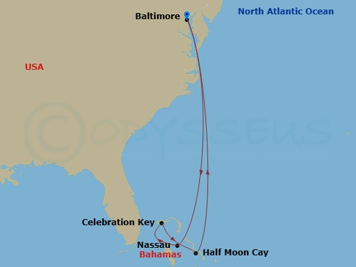 8 Night - Bahamas Cruise from Baltimore - Carnival Miracle - Starting in Baltimore, MD, Nassau, Bahamas, Celebration Key, the Bahamas, Relaxaway, Half Moon Cay, Baltimore, MD itinerary map