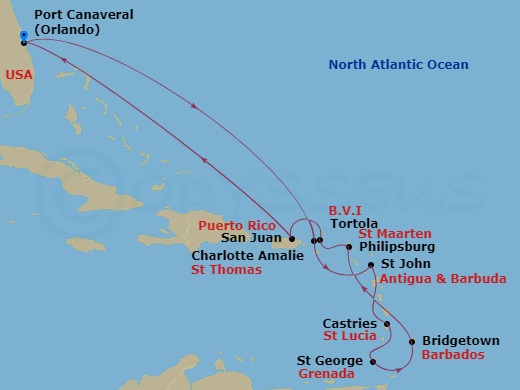14 Night - Journeys - Southern Caribbean - Carnival Firenze - Starting in Port Canaveral (Orlando), Fl, St Thomas, US Virgin Islands, Antigua, St Lucia, Grenada, Barbados, St Maarten, Tortola, British Virgin Islands, San Juan, Puerto Rico, Port Canaveral (Orlando), Fl itinerary map