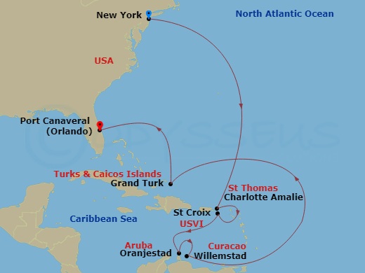 12 Night - Journeys - Southern Caribbean - Carnival Firenze - Starting in Manhattan, New York City, St Thomas, US Virgin Islands, St Croix, US Virgin Islands, Aruba, Curacao, Grand Turk, Port Canaveral (Orlando), Fl itinerary map