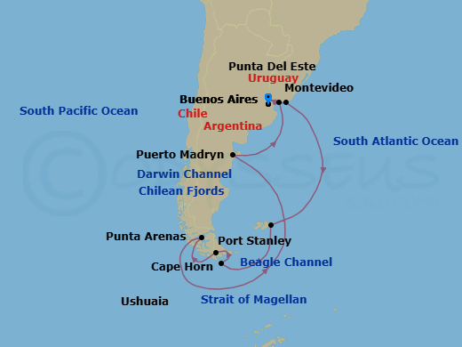 14 Night - Patagonia & Argentina Holiday - Celebrity Equinox - Starting in Buenos Aires, Argentina, Punta Del Este, Uruguay, Port Stanley, Falkland Islands, Cape Horn, Chile, Ushuaia, Argentina, Strait of Magellan, Punta Arenas, Chile, Puerto Madryn, Argentina, Montevideo, Uruguay, Buenos Aires, Argentina itinerary map